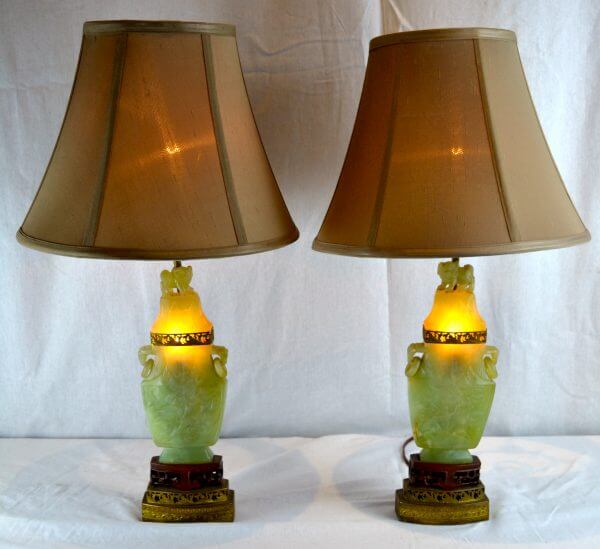 Pair of Chinese Jadeite Stone Lamps Three Centuries Shop Antiques