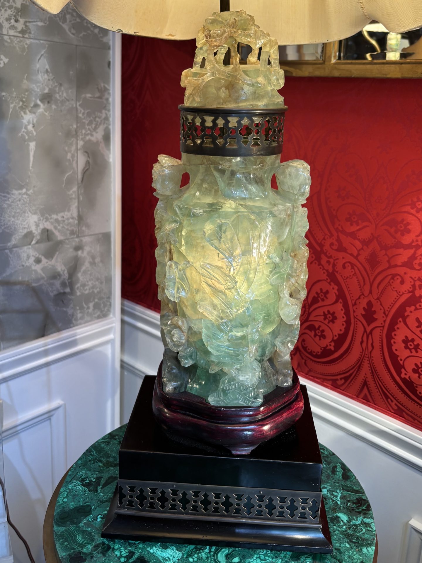 Early 20th Century Chinese Carved Green (Jadeite) Quartz Lamp - Image 5