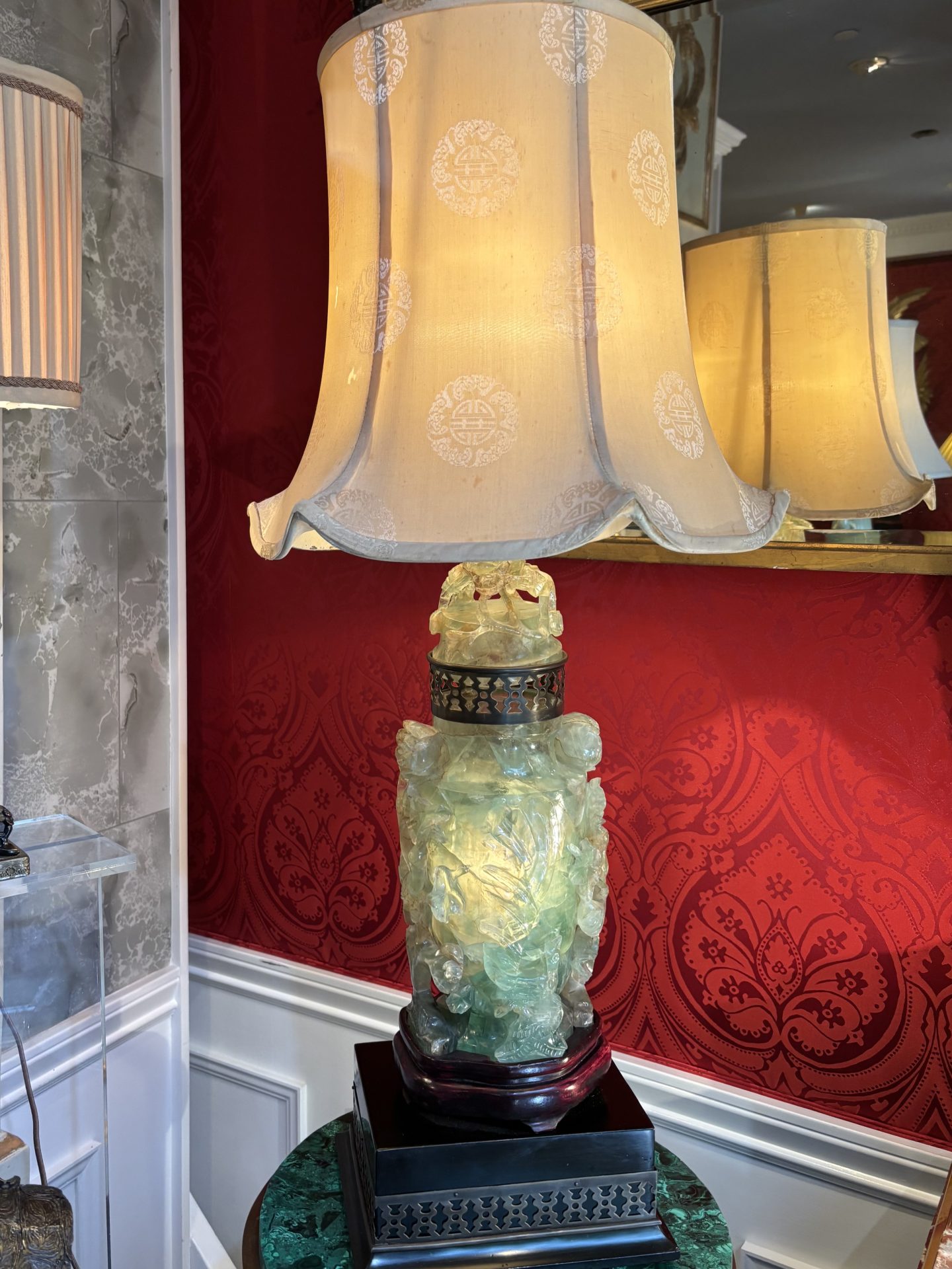 Early 20th Century Chinese Carved Green (Jadeite) Quartz Lamp