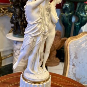 French Sevres Bisque Porcelain and Gilt Bronze Two Graces Candelabra Lamp signed Feuchere