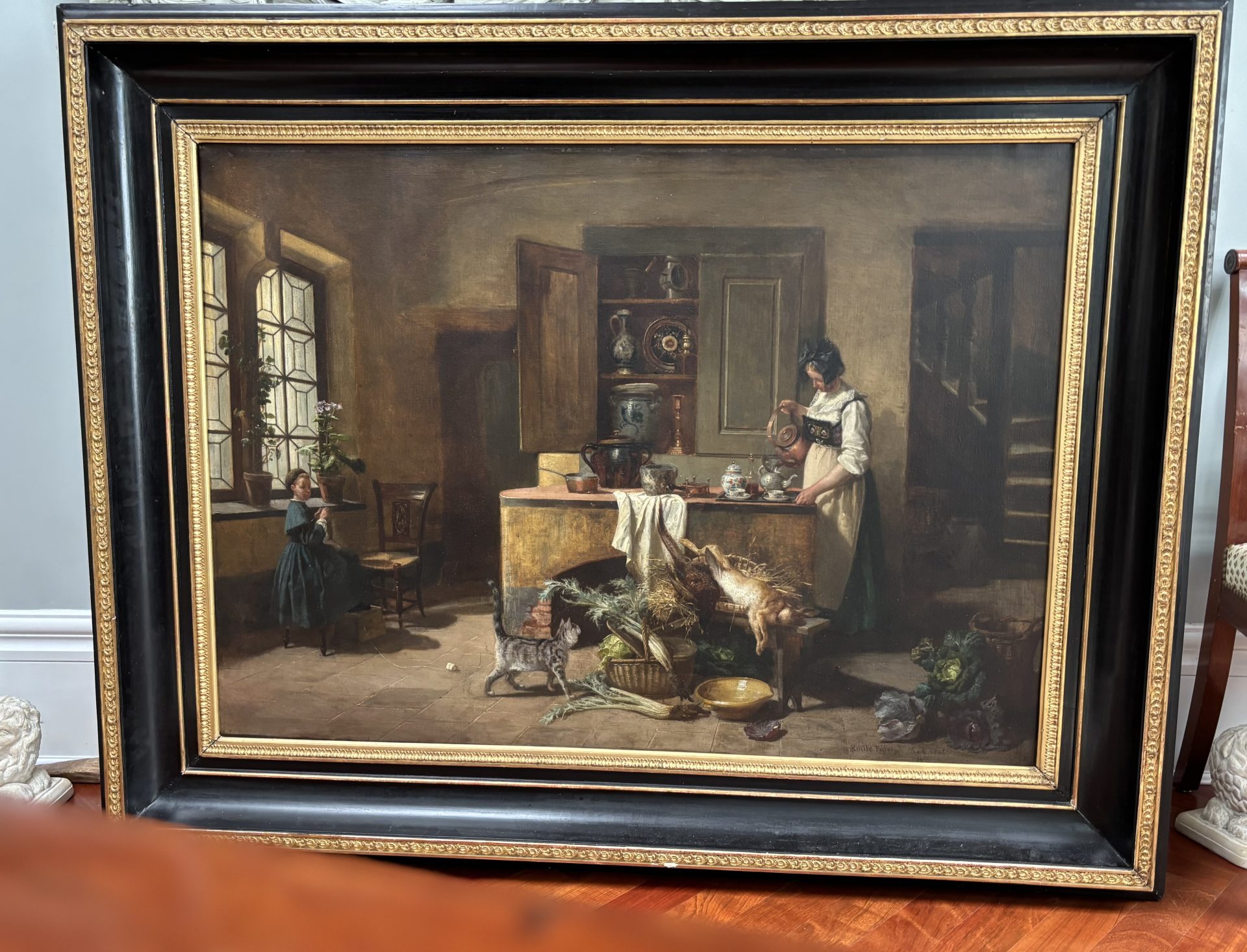 A Genre style oil painting of an interior scene by Paul Emile Faivre dated 1864 - Image 4