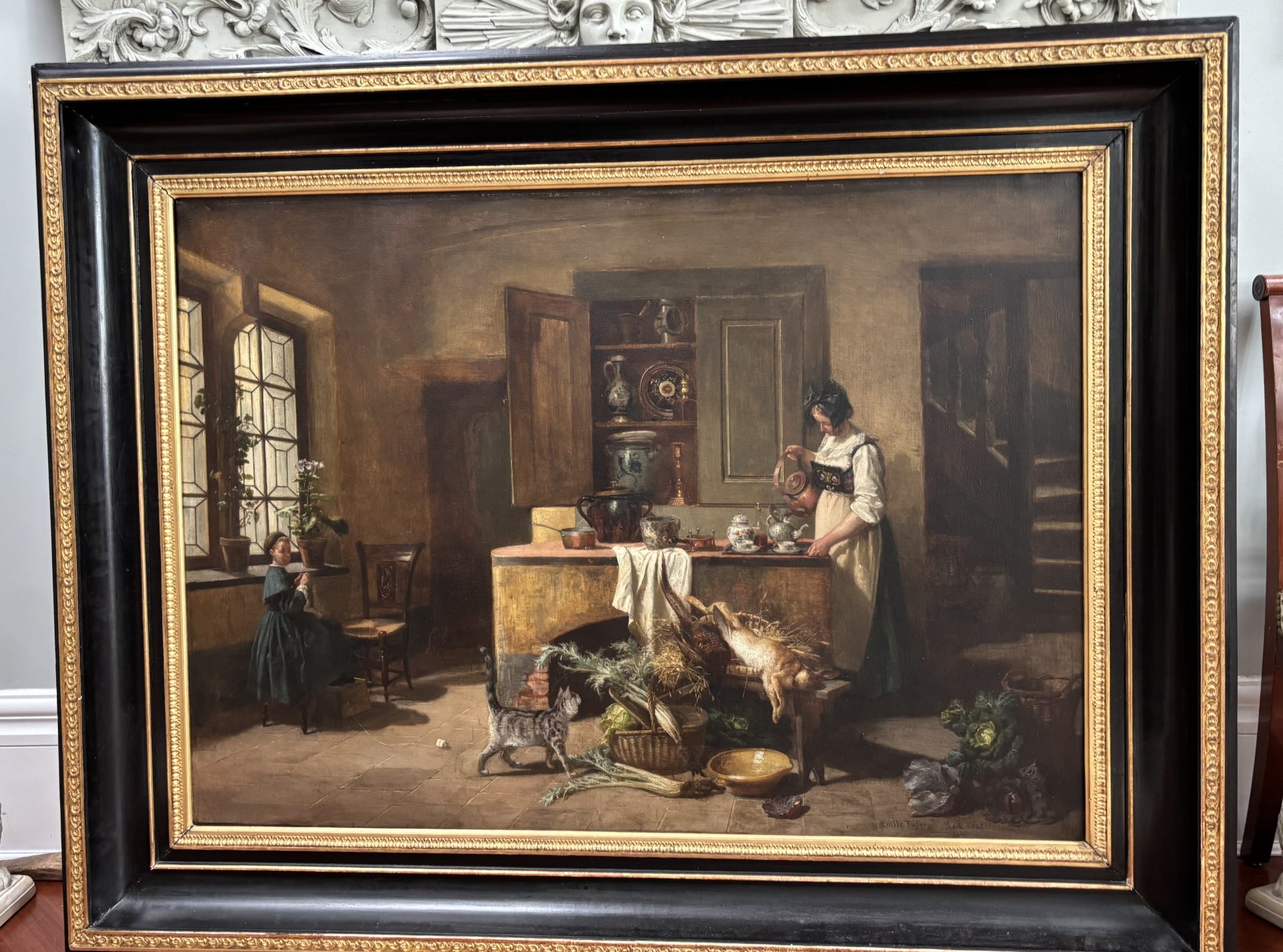 A Genre style oil painting of an interior scene by Paul Emile Faivre dated 1864 - Image 3