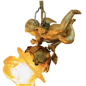 A French Art Nouveau Gilt Bronze Flying Putto Hanging Light Fixture
