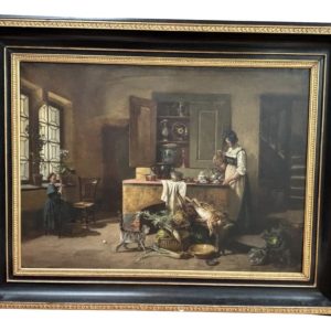A Genre style oil painting of an interior scene by Paul Emile Faivre dated 1864