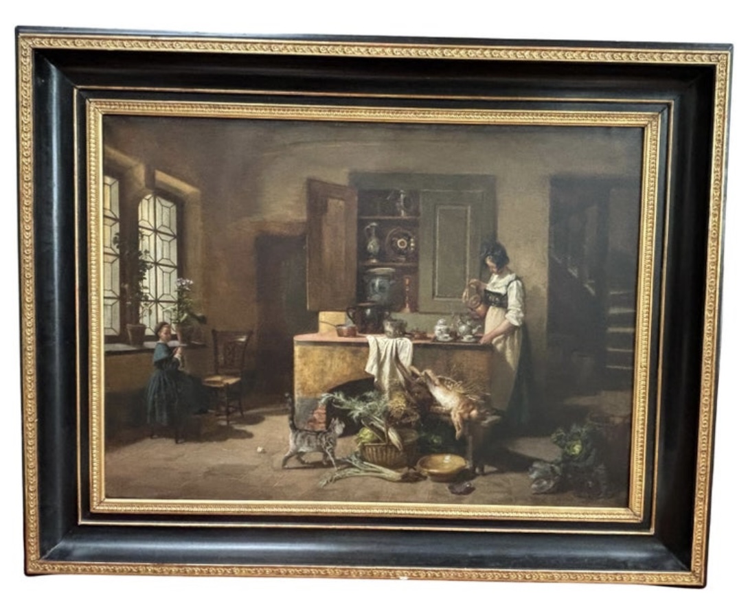 A Genre style oil painting of an interior scene by Paul Emile Faivre dated 1864