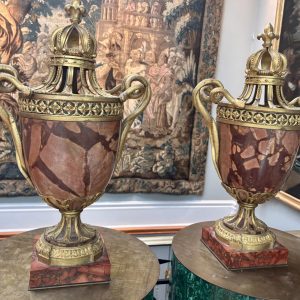 Antique Gilt Bronze Mounted Breche Marble Urns with Gilt Bronze Serpent Handles