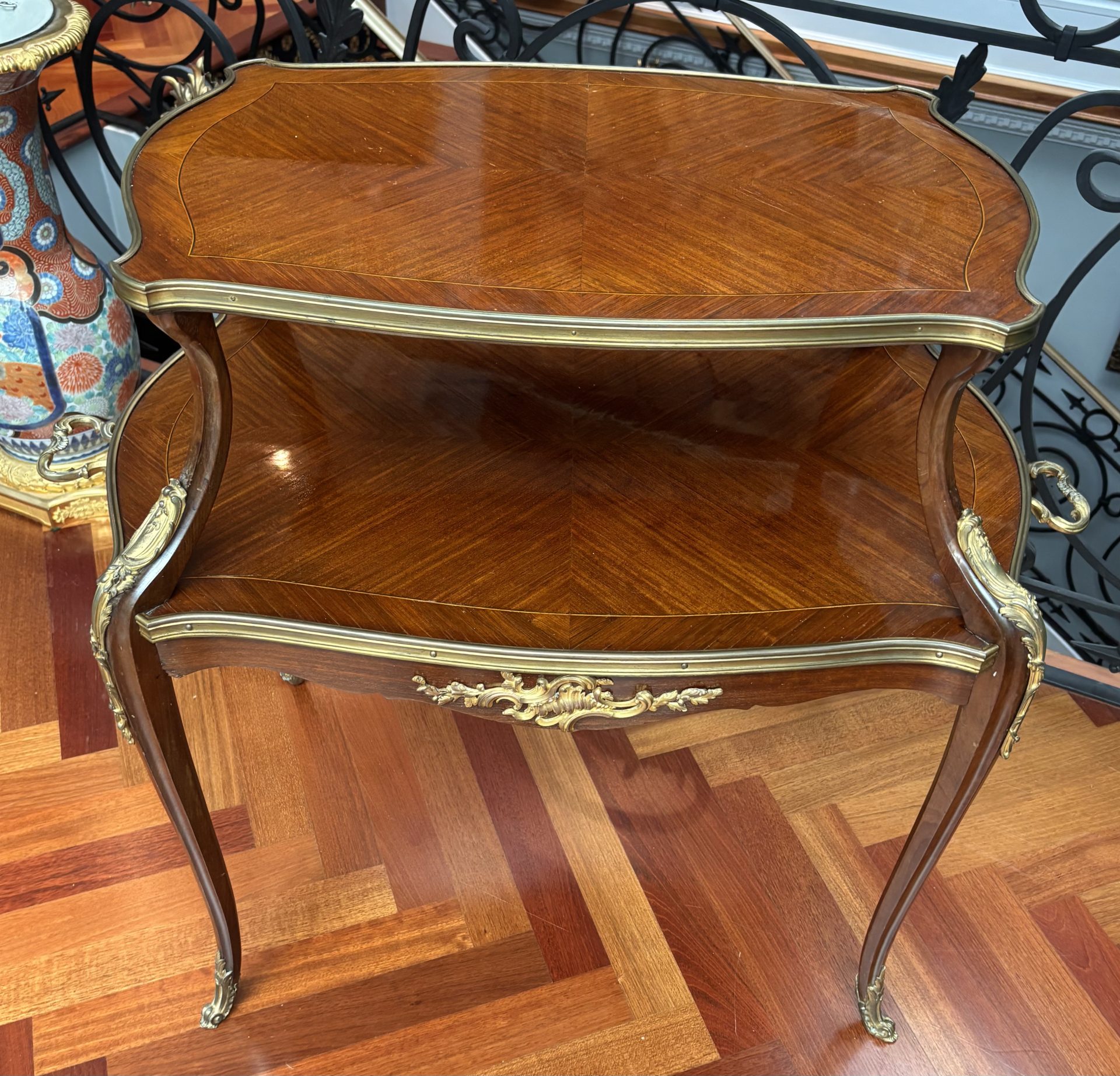 French Louis XV Style Gilt Bronze Inlaid Two Tiered Dessert Table or Etagere - Image 5