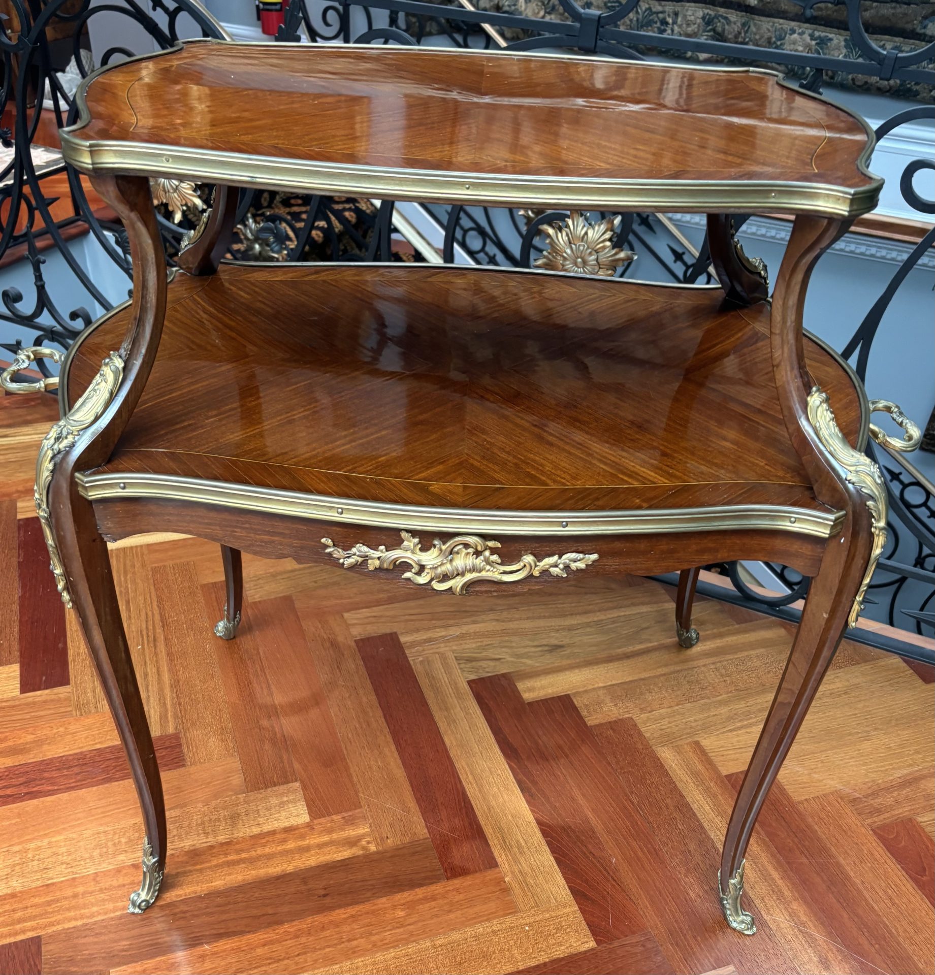 French Louis XV Style Gilt Bronze Inlaid Two Tiered Dessert Table or Etagere - Image 3