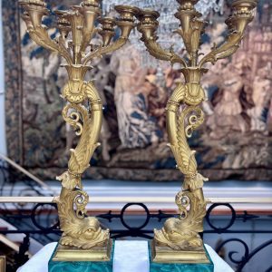 A Rare Pair of French 19 Century Gilt Bronze Dolphin Candelabra