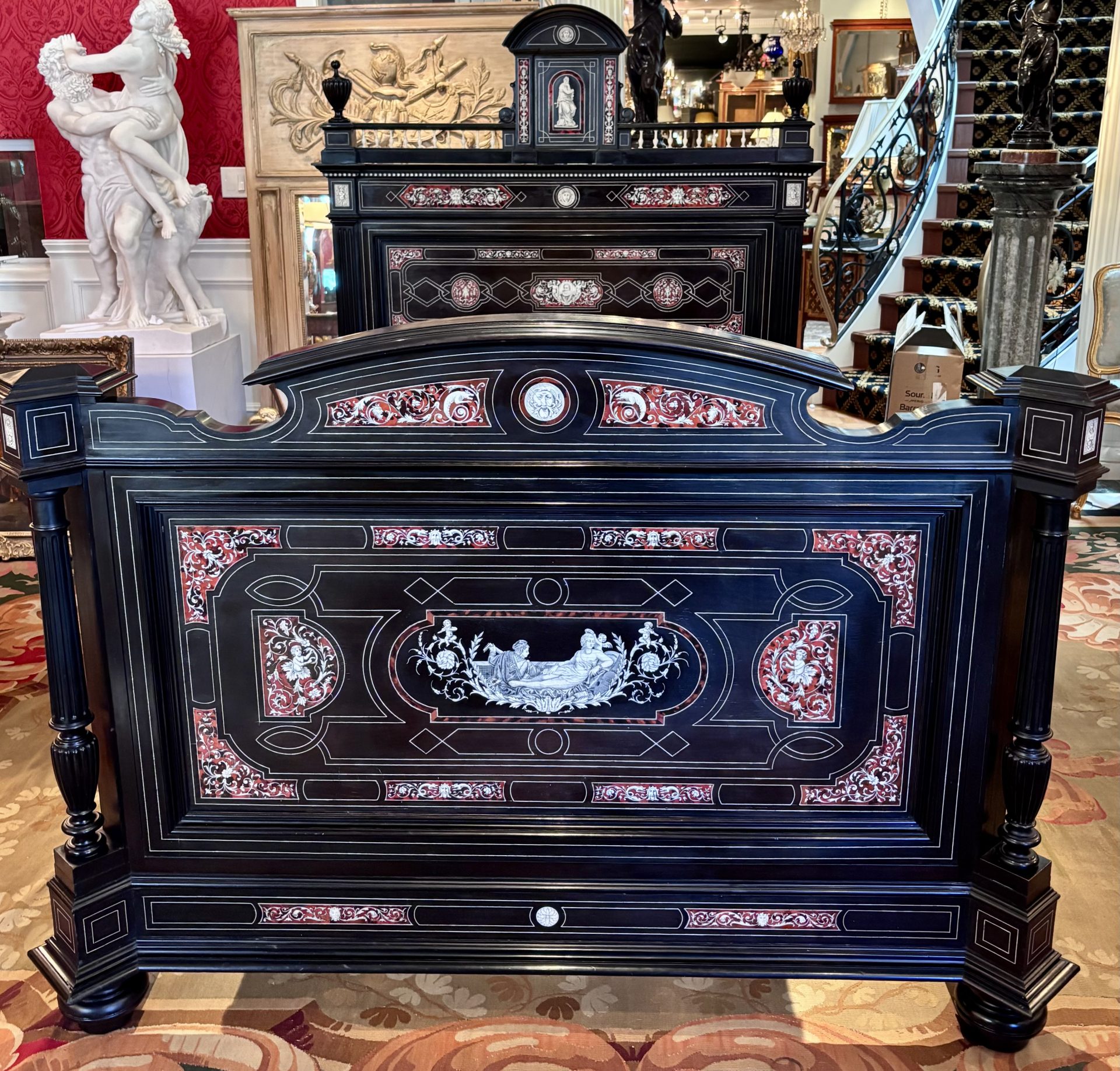 A 19 Century Renaissance Revival Ebony Veneered and Inlaid Bed After G.B.Gatti - Image 10