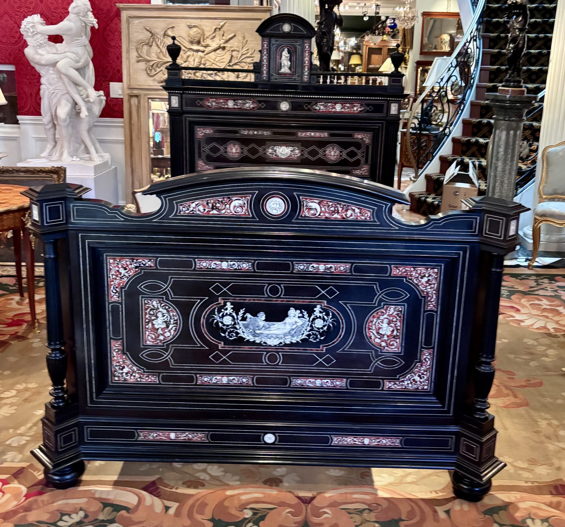 A 19 Century Renaissance Revival Ebony Veneered and Inlaid Bed After G.B.Gatti - Image 9