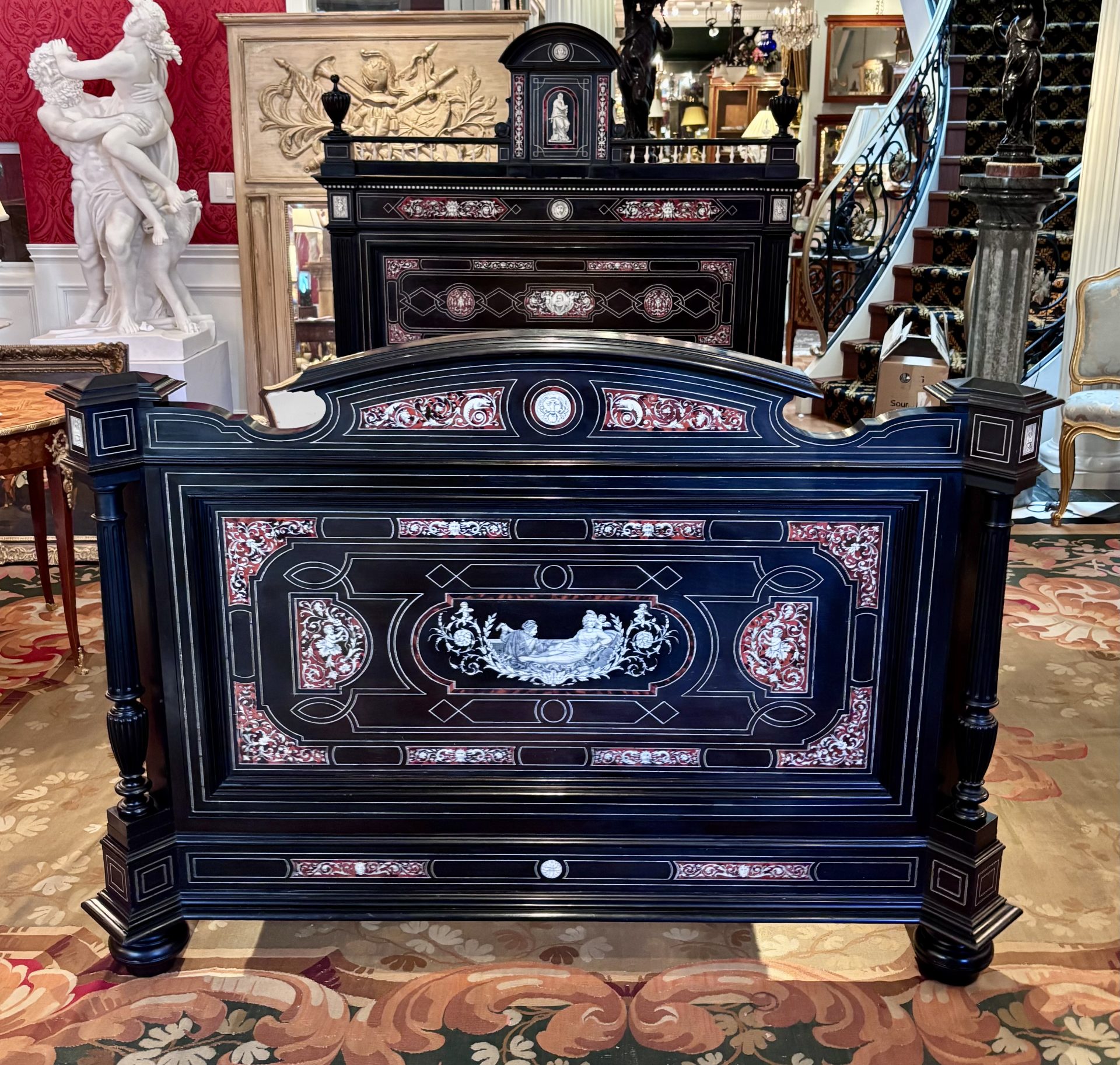 A 19 Century Renaissance Revival Ebony Veneered and Inlaid Bed After G.B.Gatti - Image 2