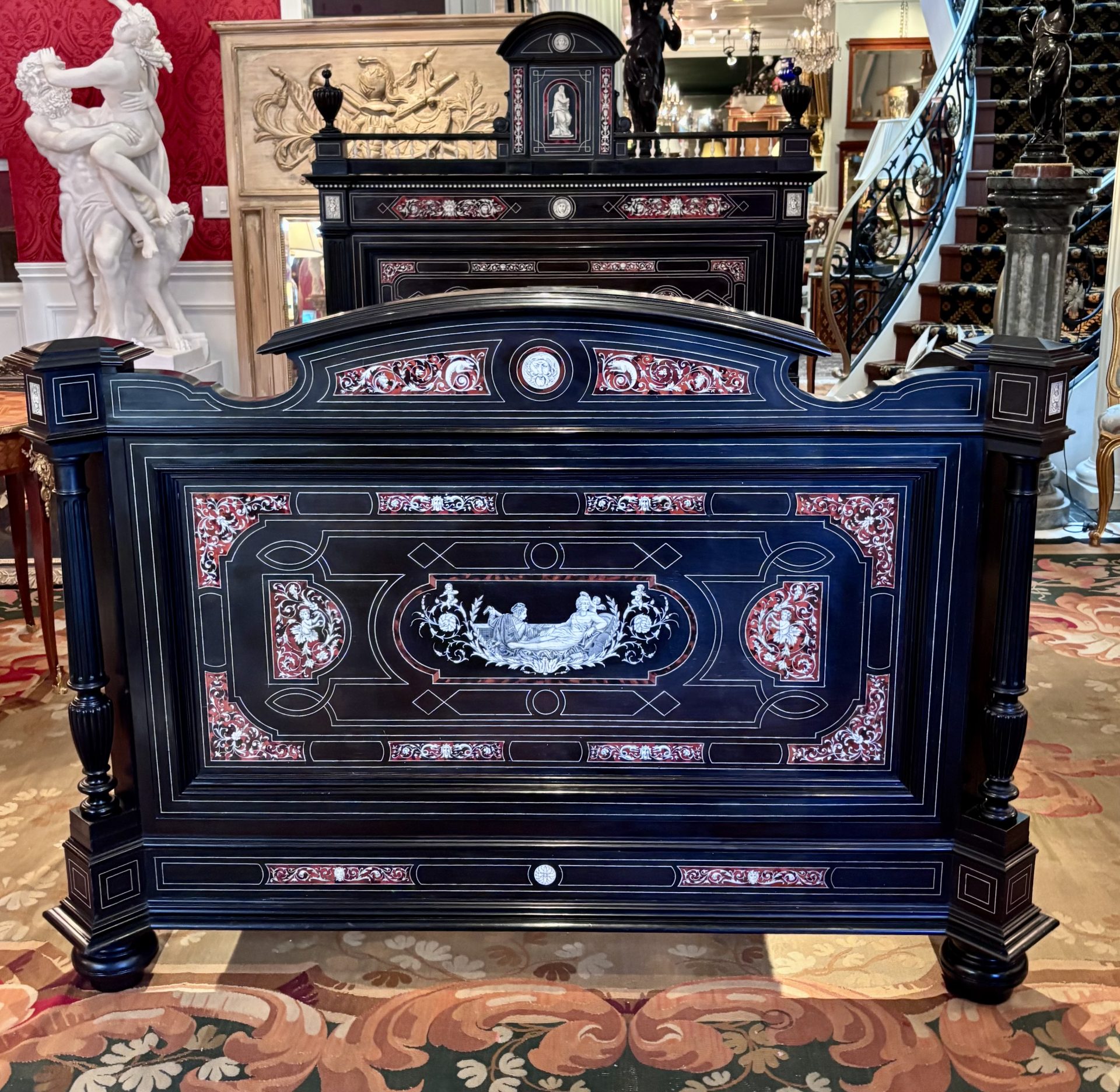 A 19 Century Renaissance Revival Ebony Veneered and Inlaid Bed After G.B.Gatti - Image 3