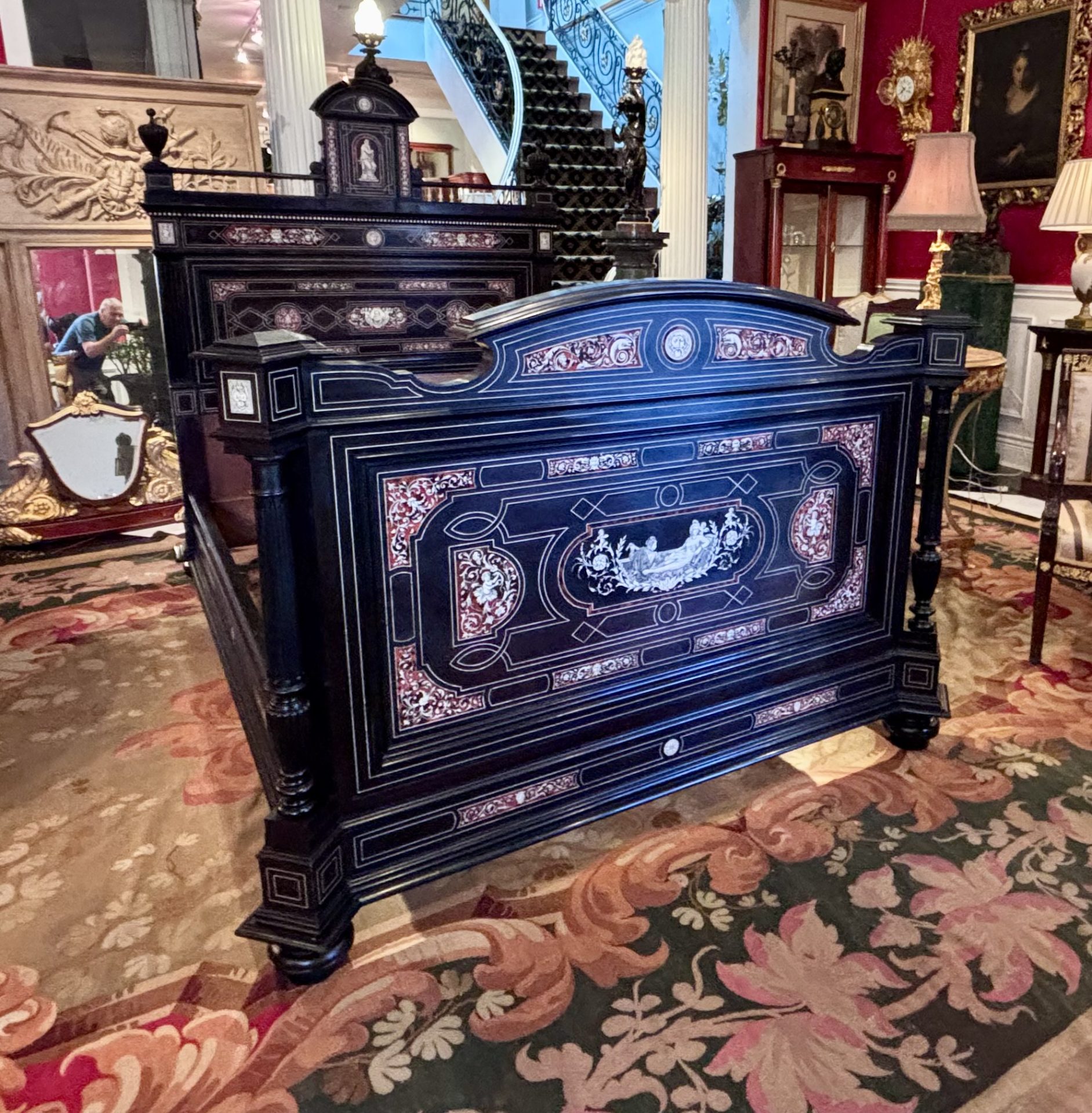 A 19 Century Renaissance Revival Ebony Veneered and Inlaid Bed After G.B.Gatti - Image 5