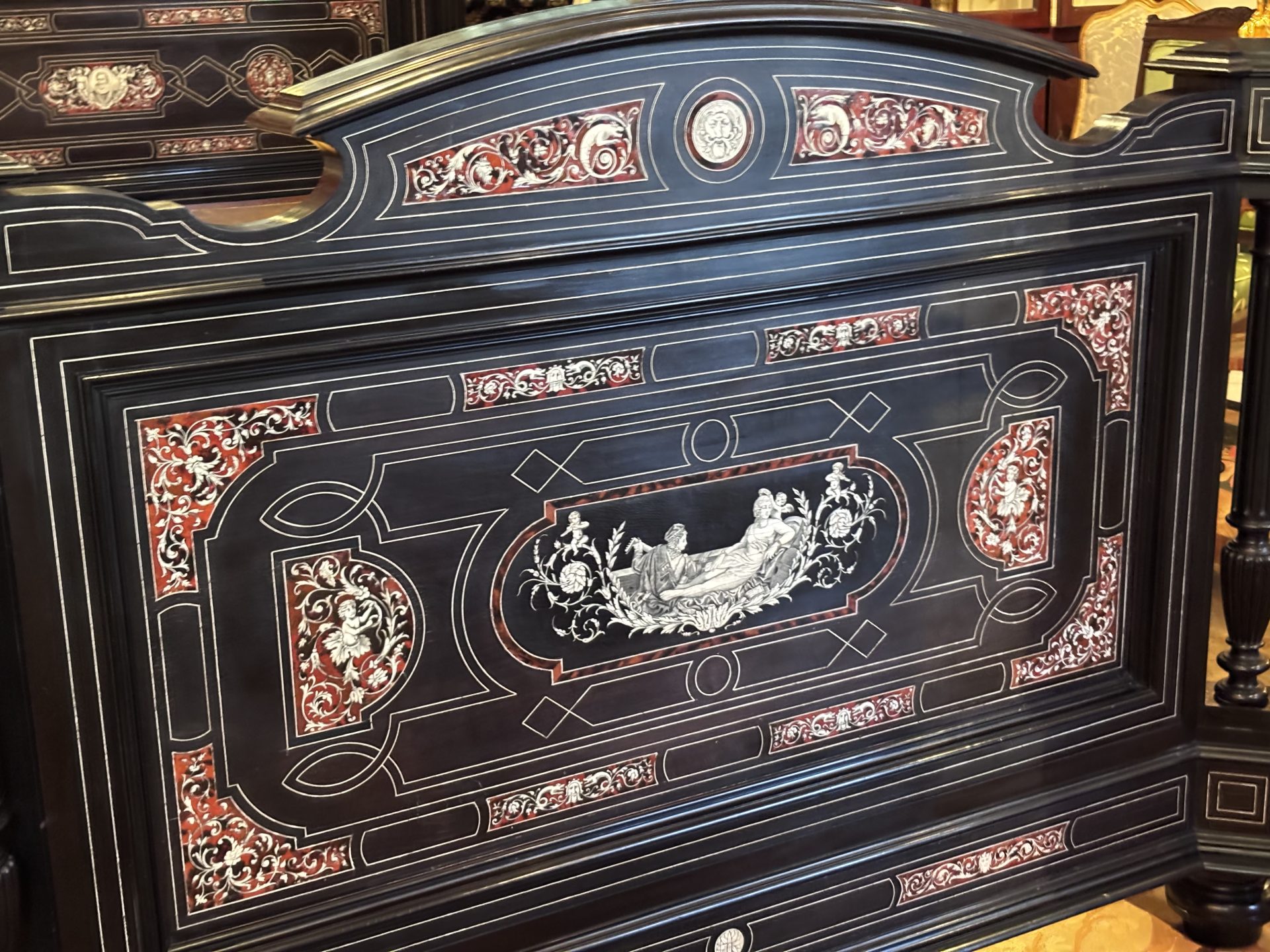 A 19 Century Renaissance Revival Ebony Veneered and Inlaid Bed After G.B.Gatti - Image 4