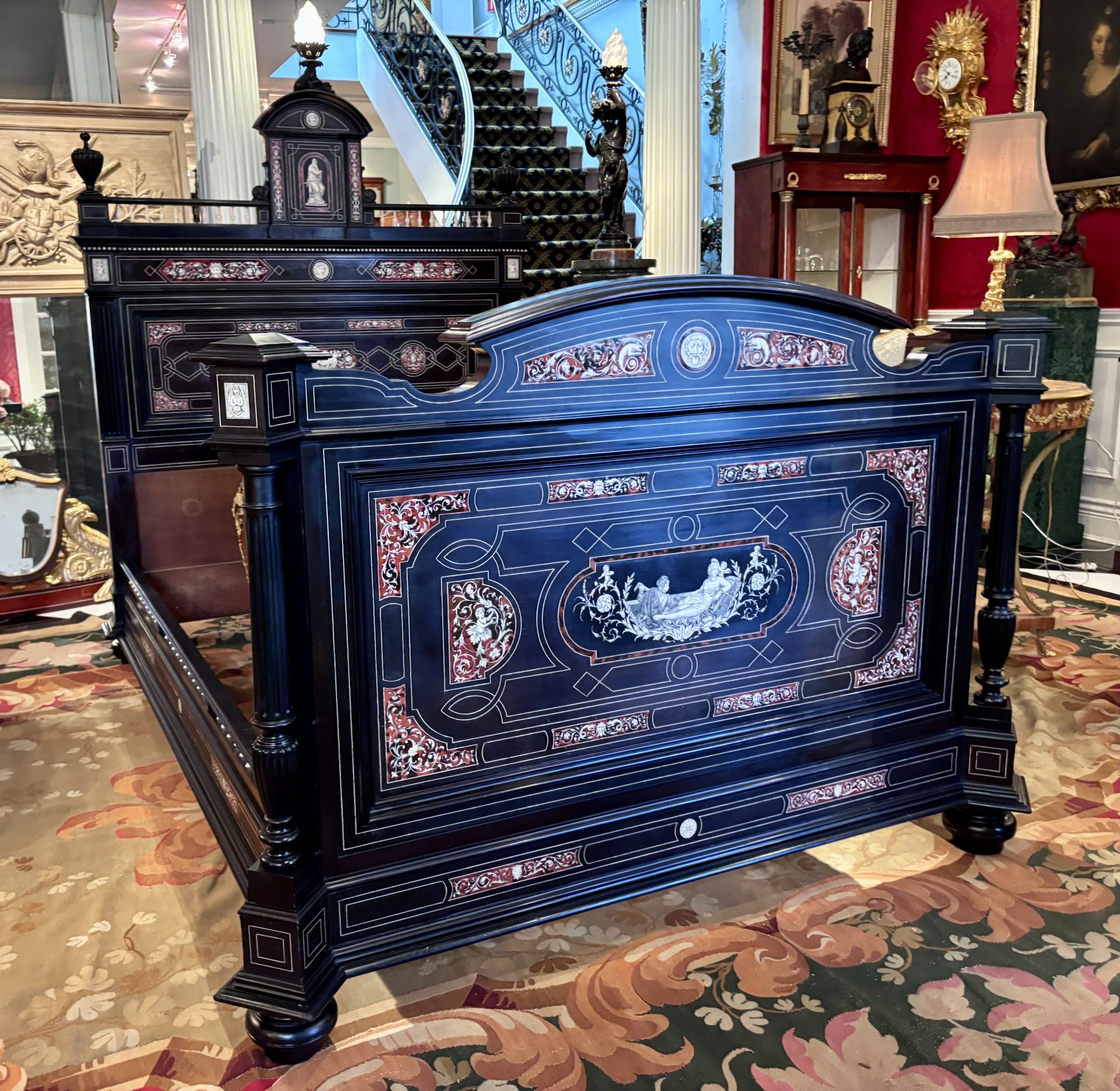 A 19 Century Renaissance Revival Ebony Veneered and Inlaid Bed After G.B.Gatti - Image 8