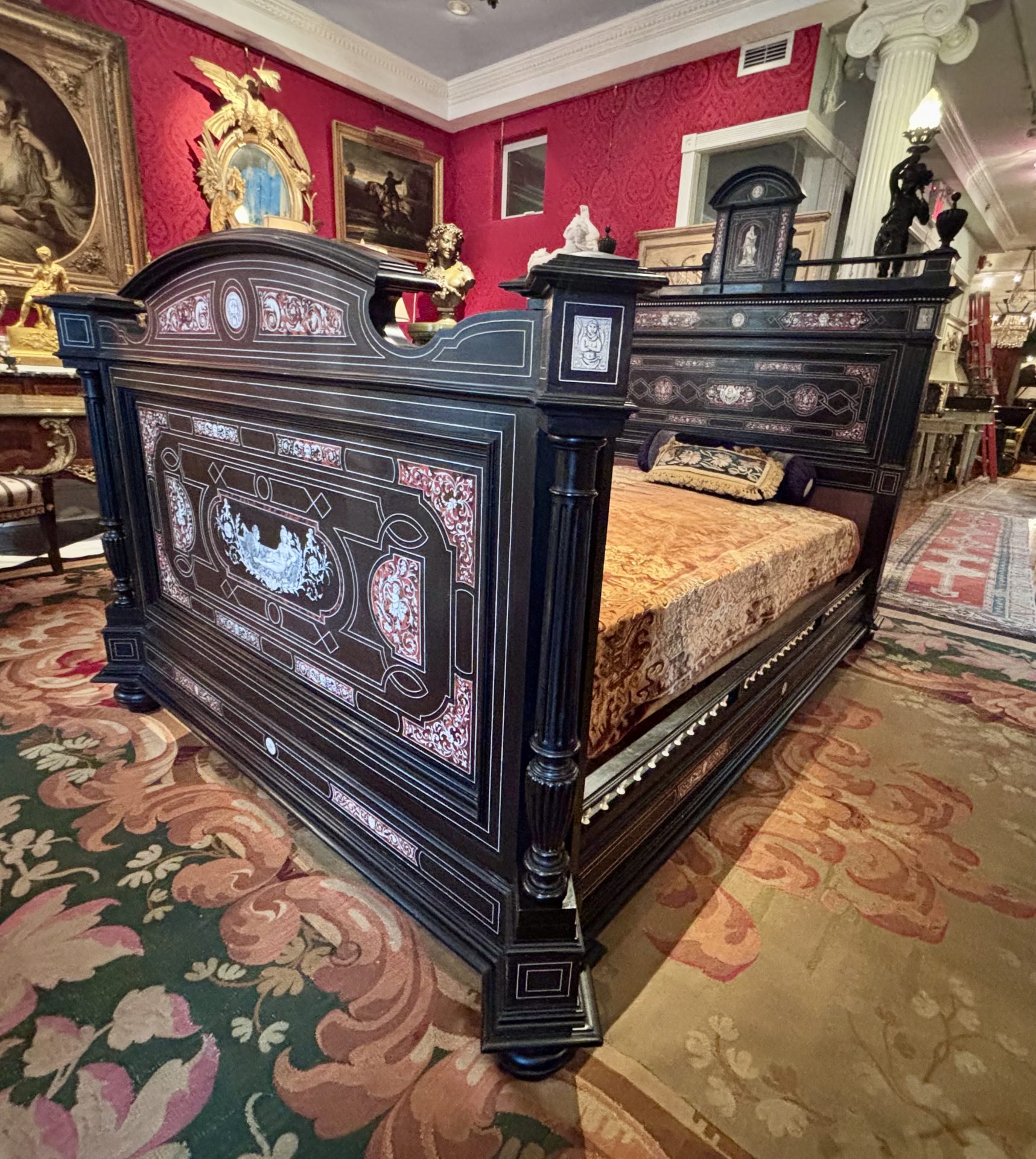 A 19 Century Renaissance Revival Ebony Veneered and Inlaid Bed After G.B.Gatti - Image 13