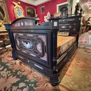 A 19 Century Renaissance Revival Ebony Veneered and Inlaid Bed After G.B.Gatti