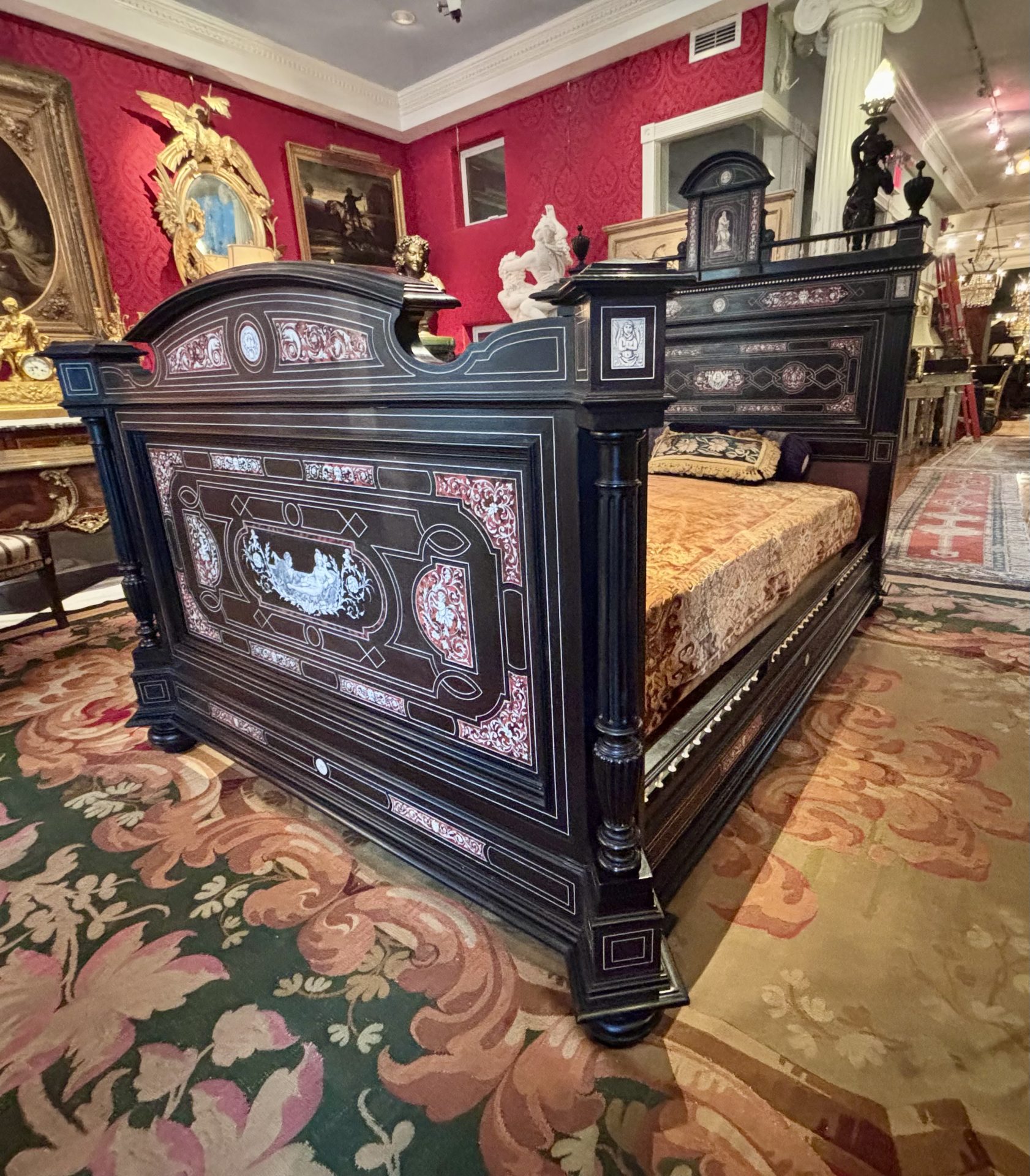 A 19 Century Renaissance Revival Ebony Veneered and Inlaid Bed After G.B.Gatti