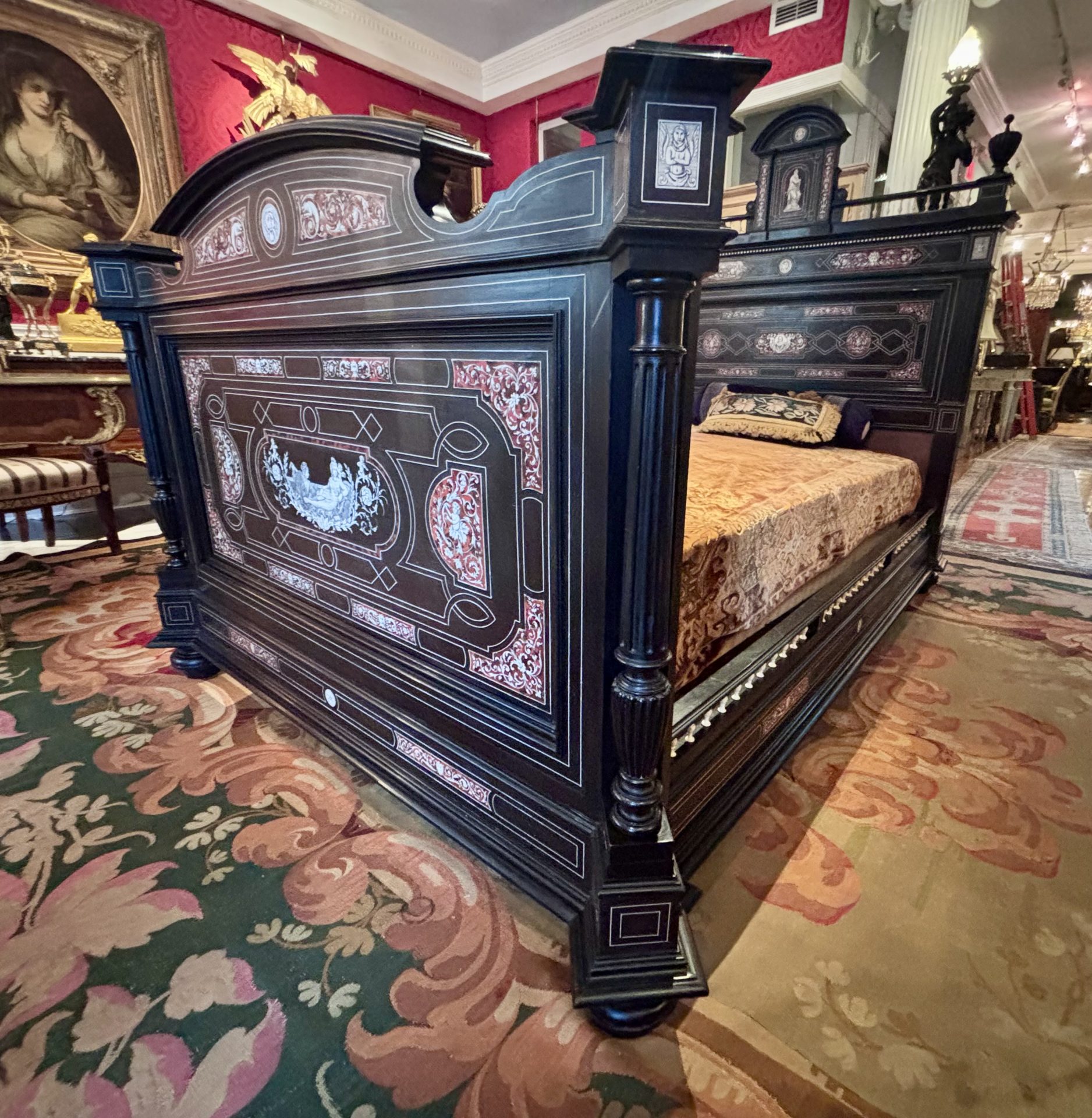 A 19 Century Renaissance Revival Ebony Veneered and Inlaid Bed After G.B.Gatti - Image 11