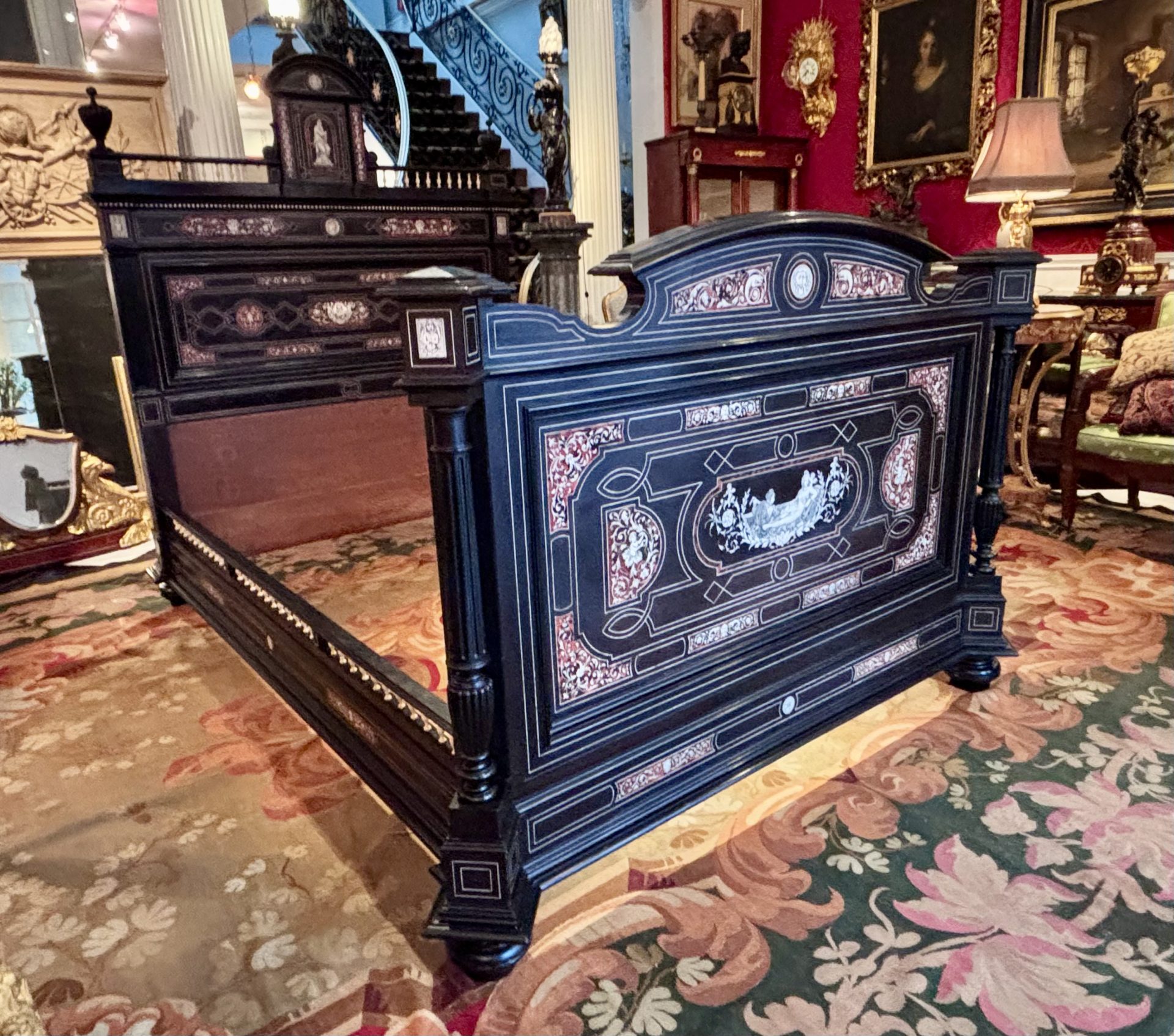 A 19 Century Renaissance Revival Ebony Veneered and Inlaid Bed After G.B.Gatti - Image 17